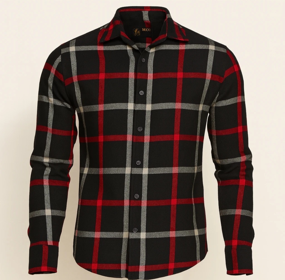 پیراهن چهارخانه مردانه قرمز مشکی پشمی استایل پاییزی