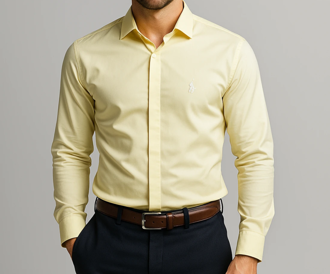 خرید پیراهن مردانه مجلسی لیمویی دکمه مخفی آستین بلند
