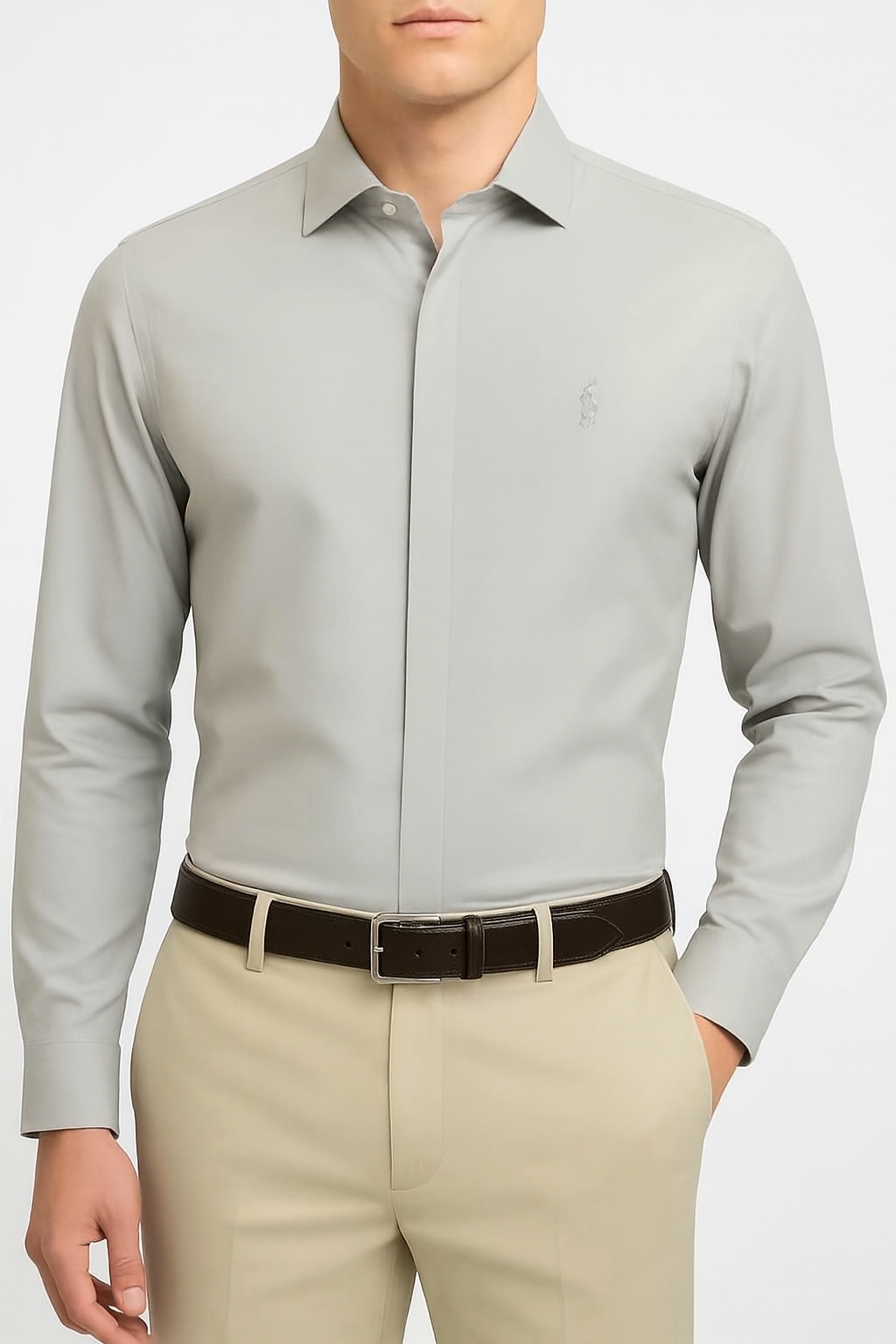 پیراهن مجلسی مردانه رنگ طوسی روشن دکمه مخفی استایل کلاسیک