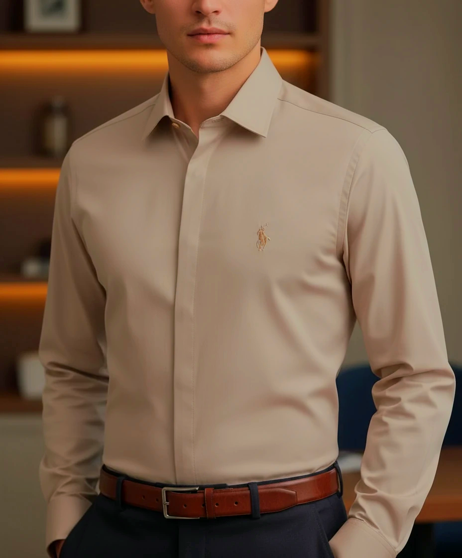 پیراهن مردانه مجلسی رنگ بژ رسمی،کلاسیک،دکمه مخفی