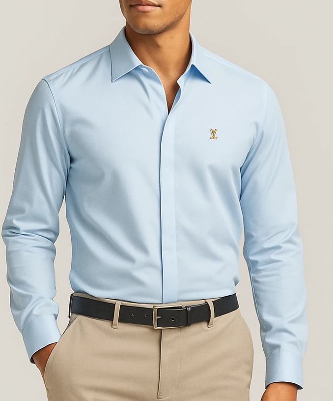 پیراهن مردانه آبی روشن مجلسی | دکمه مخفی پارچه دوشین