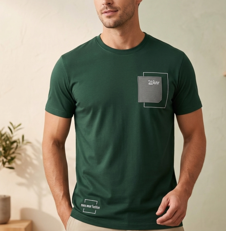 <img src="tshirt-green.jpg" alt="تیشرت مردانه سبز یشمی برند Wear با جیب طرحدار">